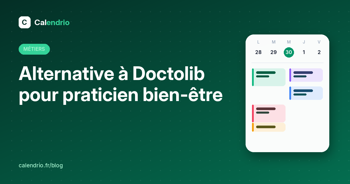 Couverture : alternative à Doctolib pour praticien bien-être, avec un agenda de rendez-vous de la semaine