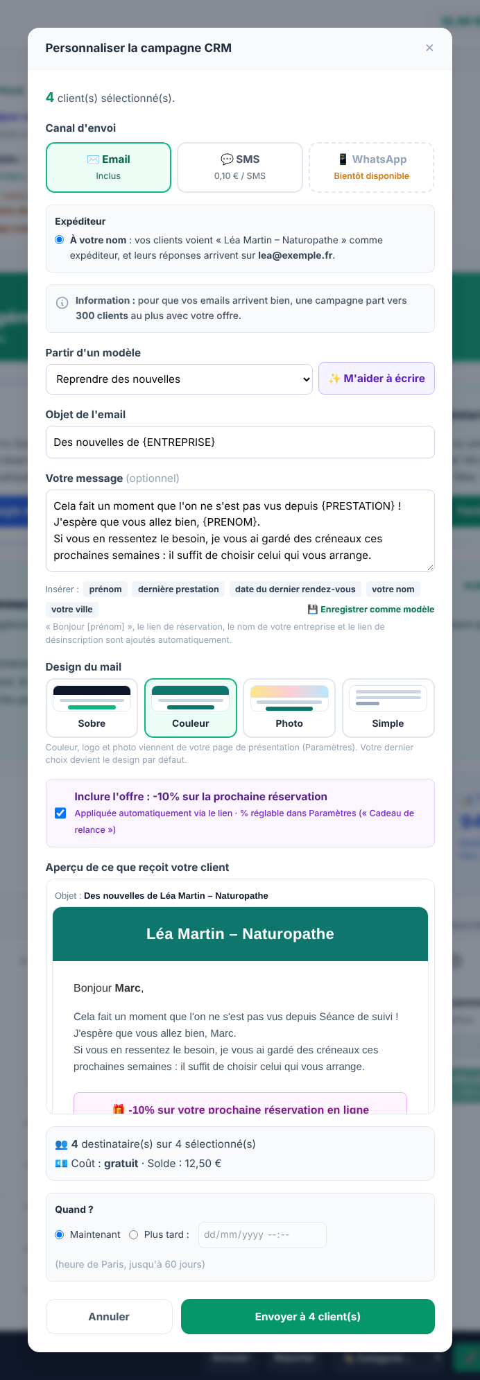 «CRM kampanyası başlat» penceresi: e-posta seçili, şablon, adın eklendiği mesaj, tasarım ve önizleme