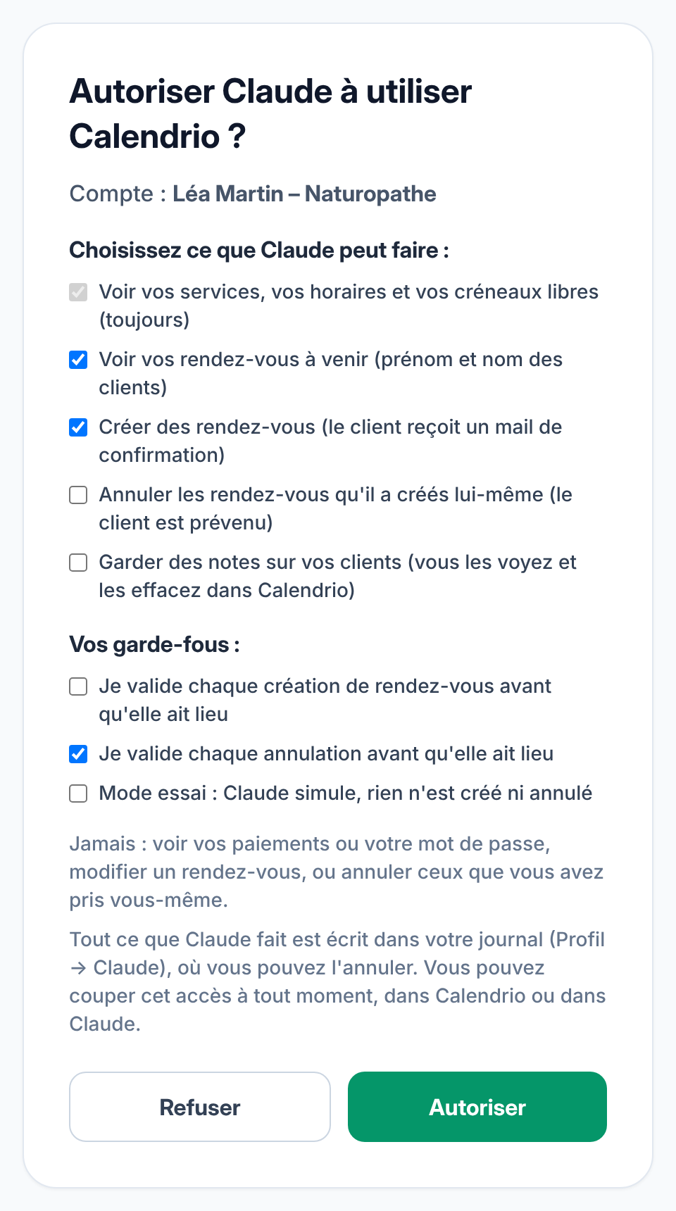 Page Calendrio « Autoriser Claude à utiliser Calendrio ? » avec les permissions et les garde-fous à cocher, compte de démonstration Léa Martin – Naturopathe