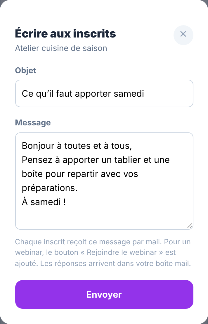 Fenêtre « Écrire aux inscrits » de l’atelier cuisine de saison : objet « Ce qu’il faut apporter samedi », message rempli et bouton « Envoyer »