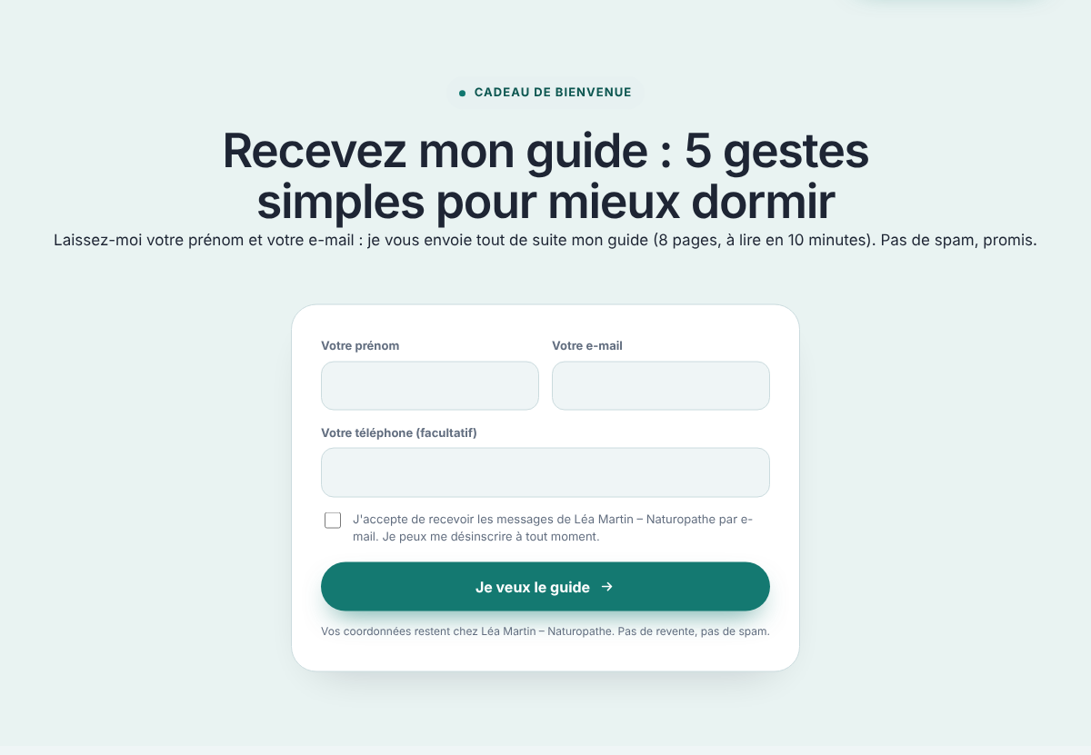 Bloque «Regalo de bienvenida» de una página de presentación: nombre, correo, teléfono opcional, casilla de consentimiento y botón