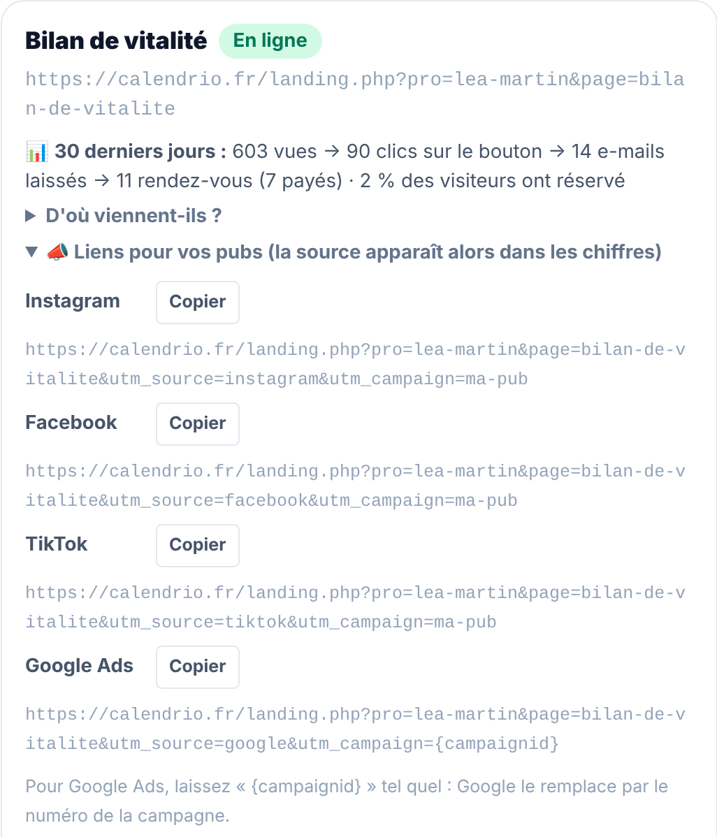 Volet Liens pour vos pubs ouvert sous une page de présentation : quatre liens prêts à copier pour Instagram, Facebook, TikTok et Google Ads, ce dernier avec {campaignid}