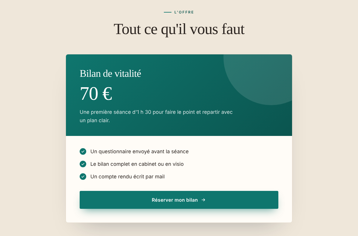 Bloc « L’offre » de la page de Léa : « Bilan de vitalité », 70 €, une séance d’1 h 30, trois éléments compris (questionnaire avant la séance, bilan en cabinet ou en visio, compte rendu par mail) et bouton « Réserver mon bilan »