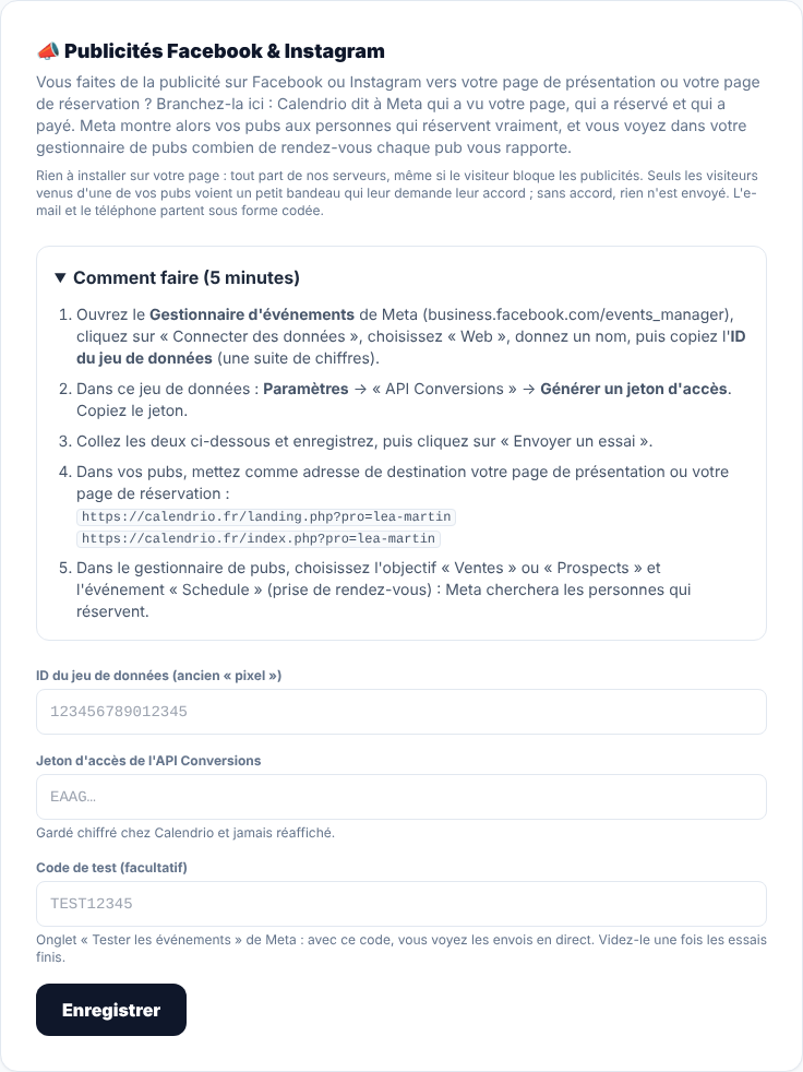 Screenshot der Calendrio-Einstellungen, Bereich Facebook- und Instagram-Werbung: die fünf Schritte „So geht’s“ und die drei auszufüllenden Felder: Datensatz-ID, Zugriffstoken, Testcode (Demokonto, Oberfläche auf Französisch)