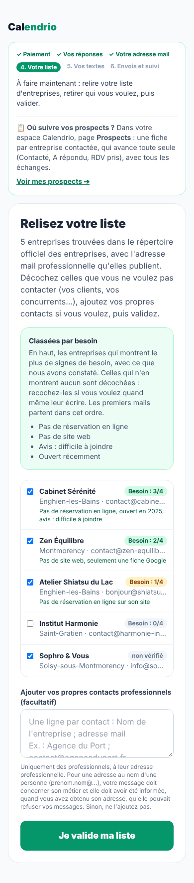 Page de relecture de Calendrio Prospection sur téléphone : entreprises classées par score de besoin (3/4, 2/4, 1/4, 0/4, non vérifié), raison constatée sous les entreprises notées, entreprise à 0/4 décochée