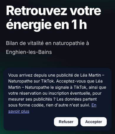 Bandeau vu sur téléphone par un visiteur venu d'une publicité TikTok : il demande s'il accepte que le praticien le signale à TikTok, avec deux boutons identiques Refuser et Accepter
