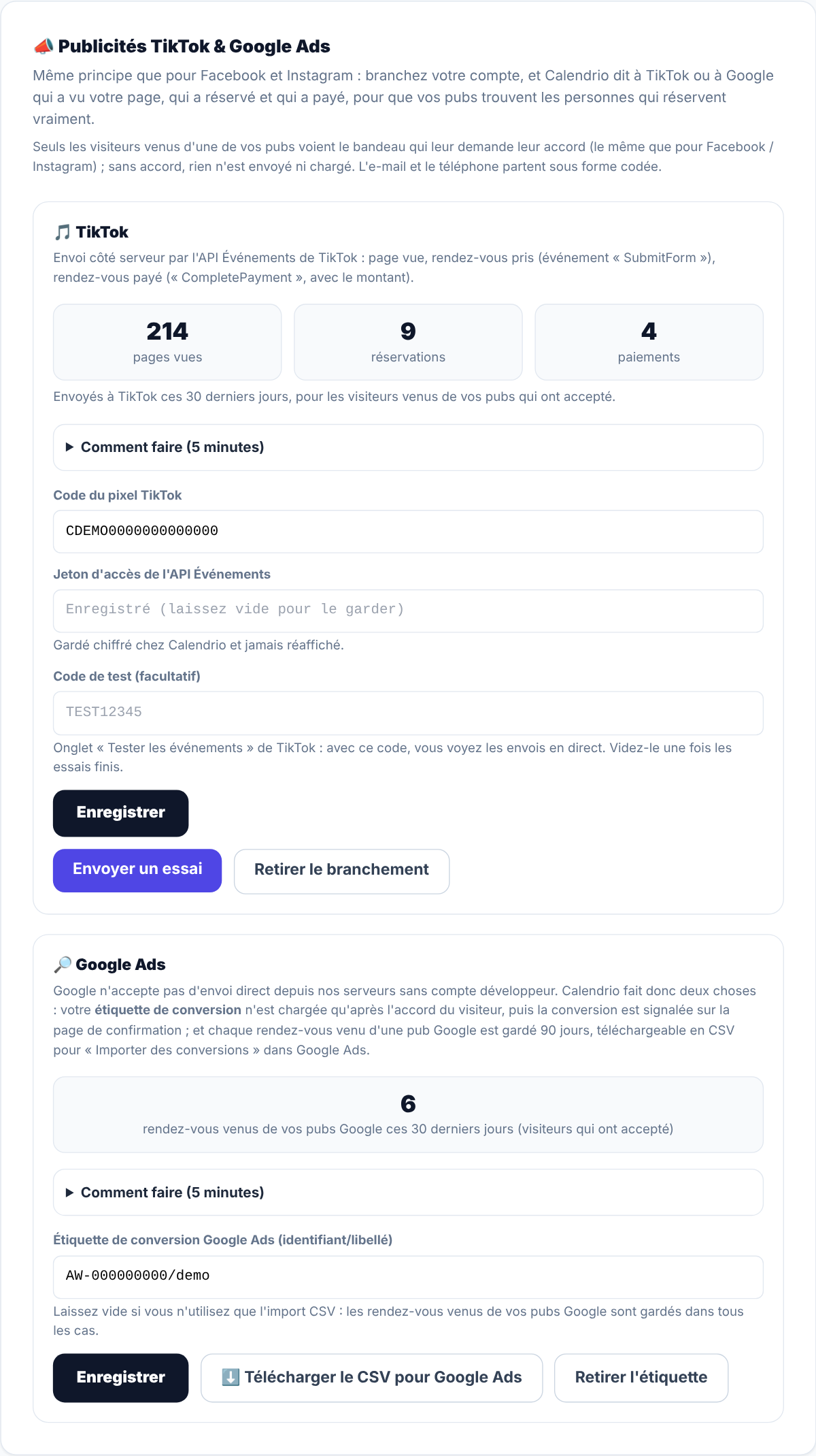 Section Publicités TikTok et Google Ads après branchement : 214 pages vues, 9 réservations et 4 paiements envoyés à TikTok sur 30 jours, 6 rendez-vous venus des pubs Google, boutons Envoyer un essai, Retirer le branchement et Télécharger le CSV pour Google Ads