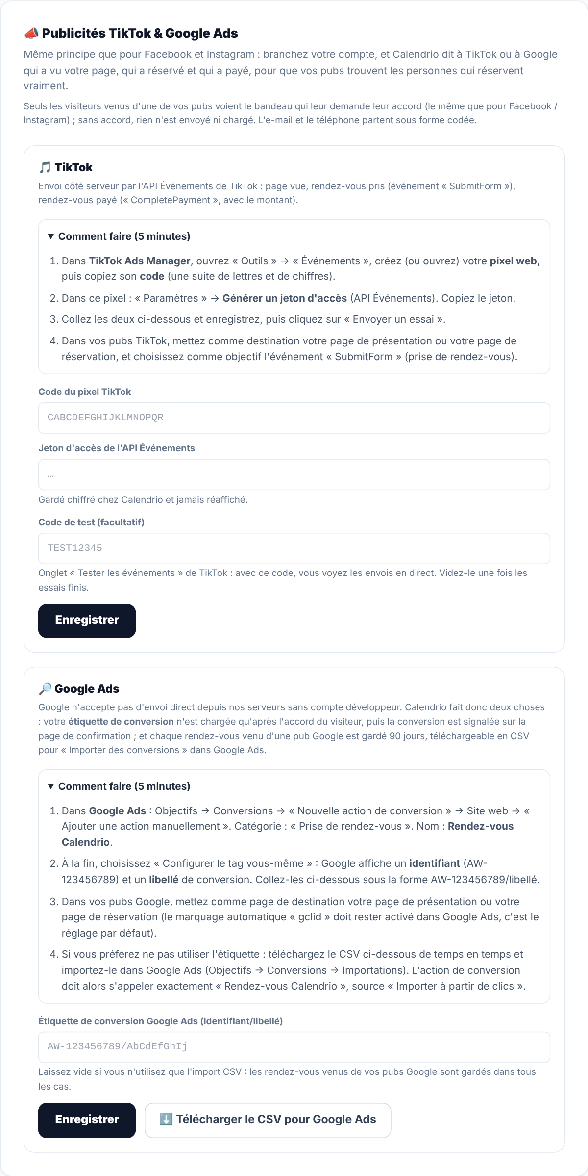 Section Publicités TikTok et Google Ads des Paramètres de Calendrio, avant branchement : étapes Comment faire ouvertes, champs vides pour le code du pixel TikTok, le jeton, le code de test et l'étiquette de conversion Google Ads