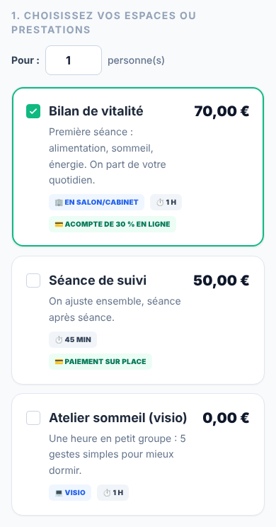 Page de réservation Calendrio sur téléphone : « Bilan de vitalité » à 70 € coché, au cabinet, 1 h, acompte de 30 % en ligne ; « Séance de suivi » à 50 €, 45 min, paiement sur place ; « Atelier sommeil (visio) » à 0 €
