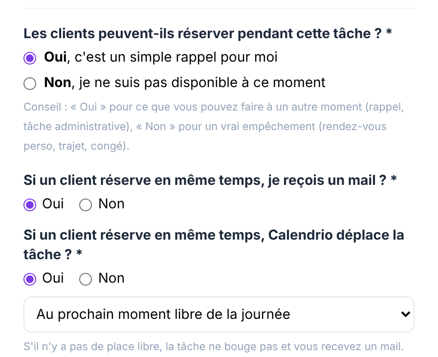 Fenêtre « Pour moi » de Calendrio : la question « Les clients peuvent-ils réserver pendant cette tâche ? » avec Oui coché, puis les choix « je reçois un mail ? » et « Calendrio déplace la tâche ? » réglés sur Oui, au prochain moment libre de la journée