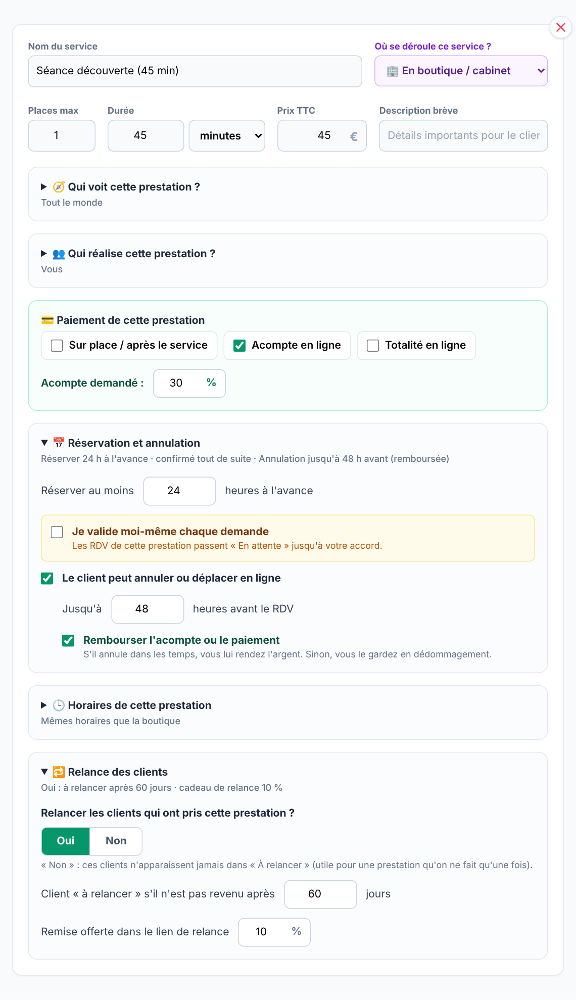 Réglages d’une prestation « Séance découverte » dans Calendrio : acompte de 30 %, réservation 24 h à l’avance, annulation jusqu’à 48 h avant, relance des clients après 60 jours