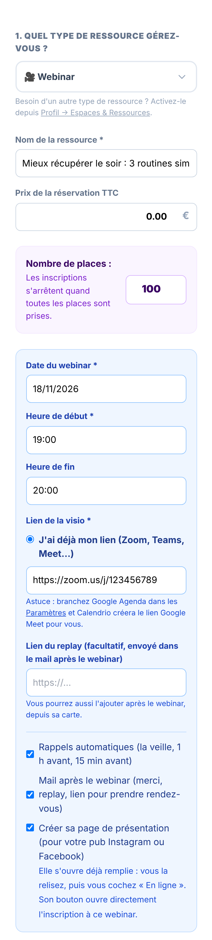 Fenêtre « Créer un Espace / Cours » de type Webinar sur téléphone : titre, places, date et heures, lien visio, cases rappels, mail après et page de présentation