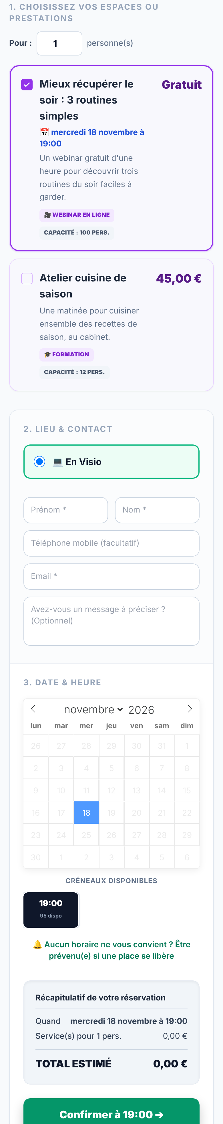 Page de réservation sur téléphone ouverte par le lien du webinar : webinar gratuit coché, lieu « En Visio », calendrier sur le 18 novembre, créneau 19:00 avec 95 places disponibles, total estimé 0,00 € et bouton « Confirmer à 19:00 »