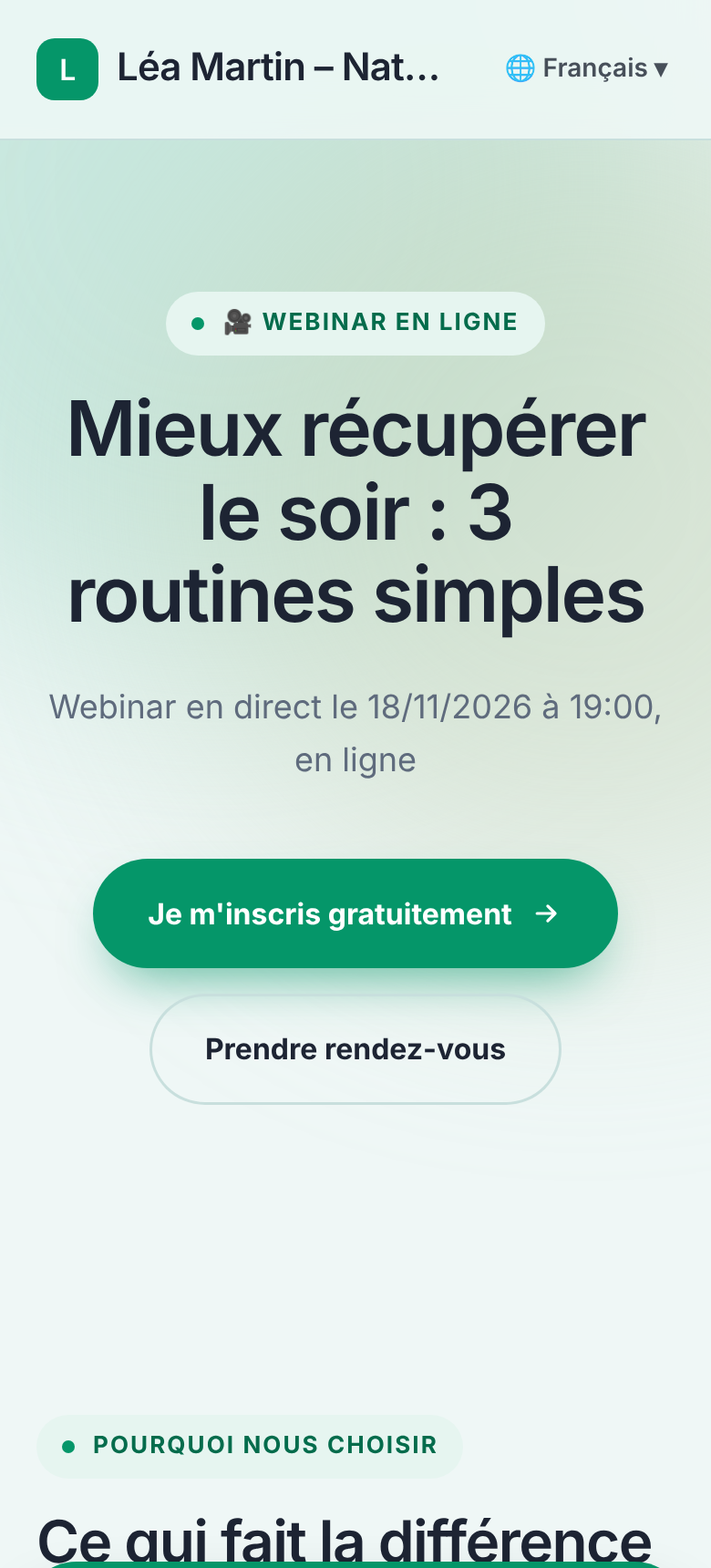 Haut de la page de présentation du webinar sur téléphone, modèle Zen : badge « Webinar en ligne », titre « Mieux récupérer le soir : 3 routines simples », sous-titre « Webinar en direct le 18/11/2026 à 19:00, en ligne », bouton « Je m’inscris gratuitement » et bouton « Prendre rendez-vous »