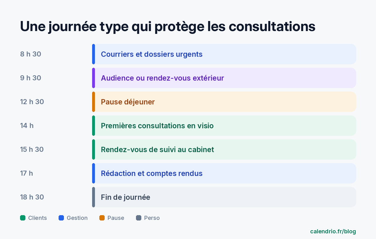 Exemple de journée type d'un avocat indépendant : courriers et dossiers urgents à 8 h 30, audience ou rendez-vous extérieur à 9 h 30, pause déjeuner à 12 h 30, premières consultations en visio à 14 h, rendez-vous de suivi au cabinet à 15 h 30, rédaction et comptes rendus à 17 h, fin de journée à 18 h 30