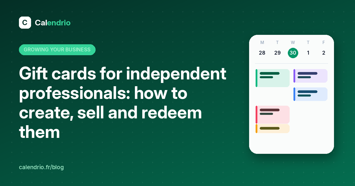 Cover: gift cards for independent professionals, create, sell and redeem, with an illustrated weekly planner