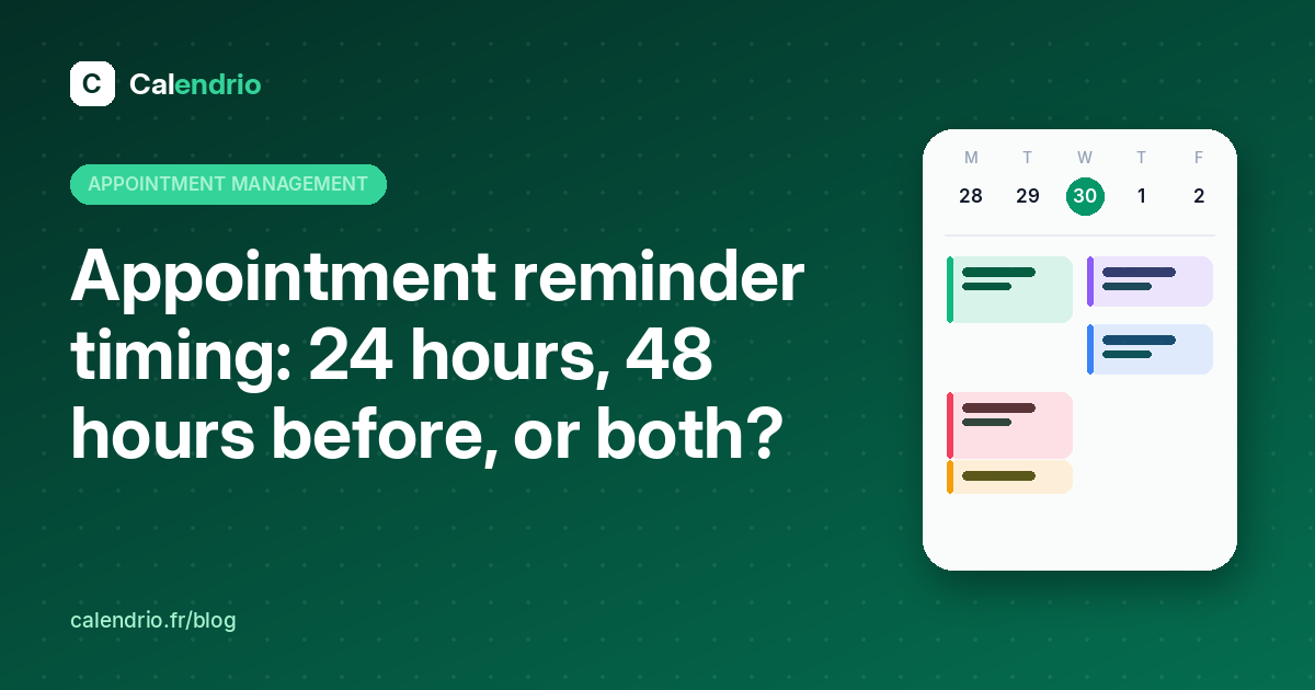 Cover: appointment reminder timing, 24 hours, 48 hours before or both, with an illustrated weekly calendar