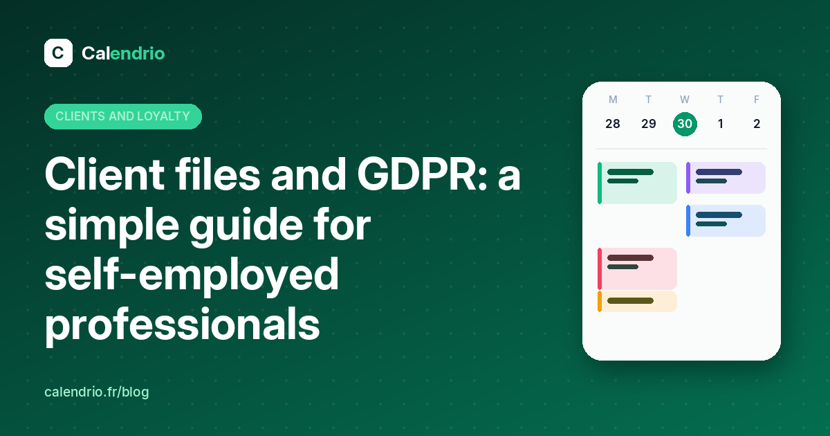 Cover: client files and GDPR, a simple guide for self-employed professionals, with an illustrated weekly calendar