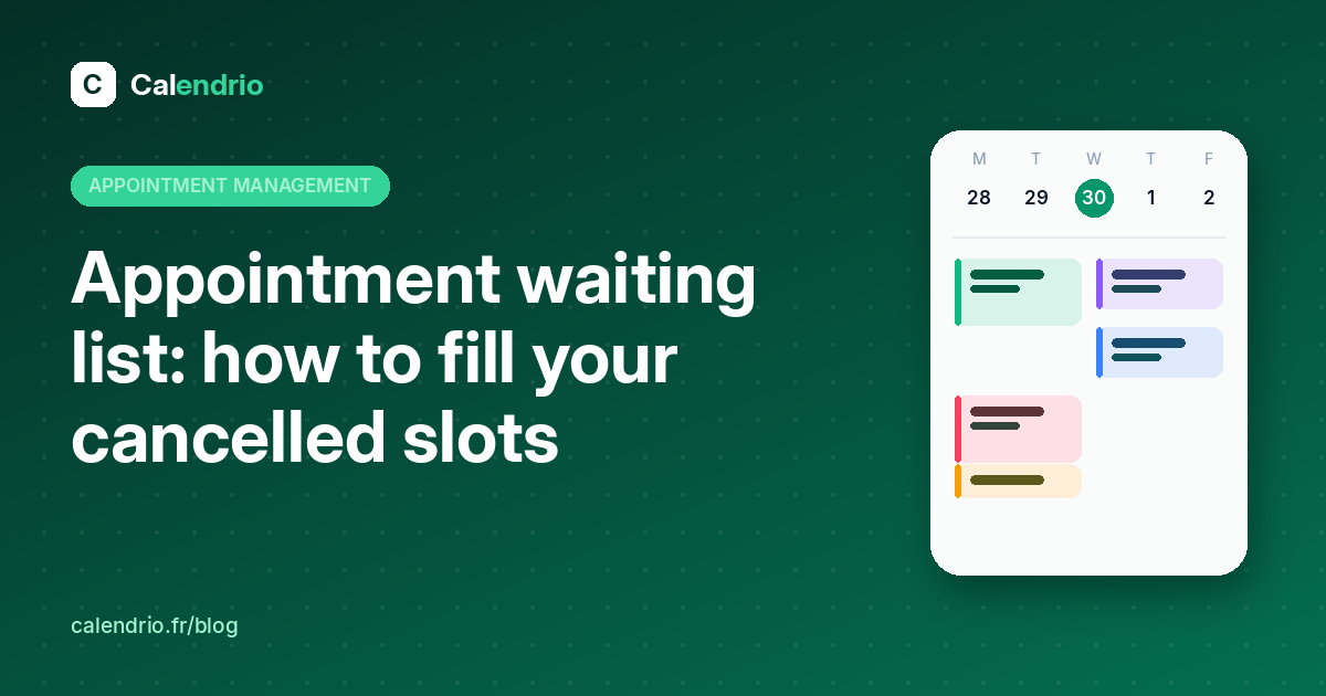 Cover: waiting list, fill your cancelled slots, with an illustrated weekly planner