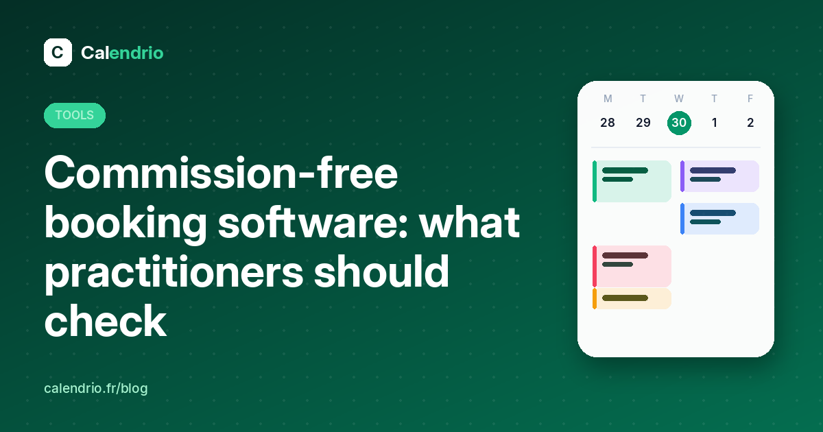 Cover: commission-free booking software, what to check, with a weekly calendar