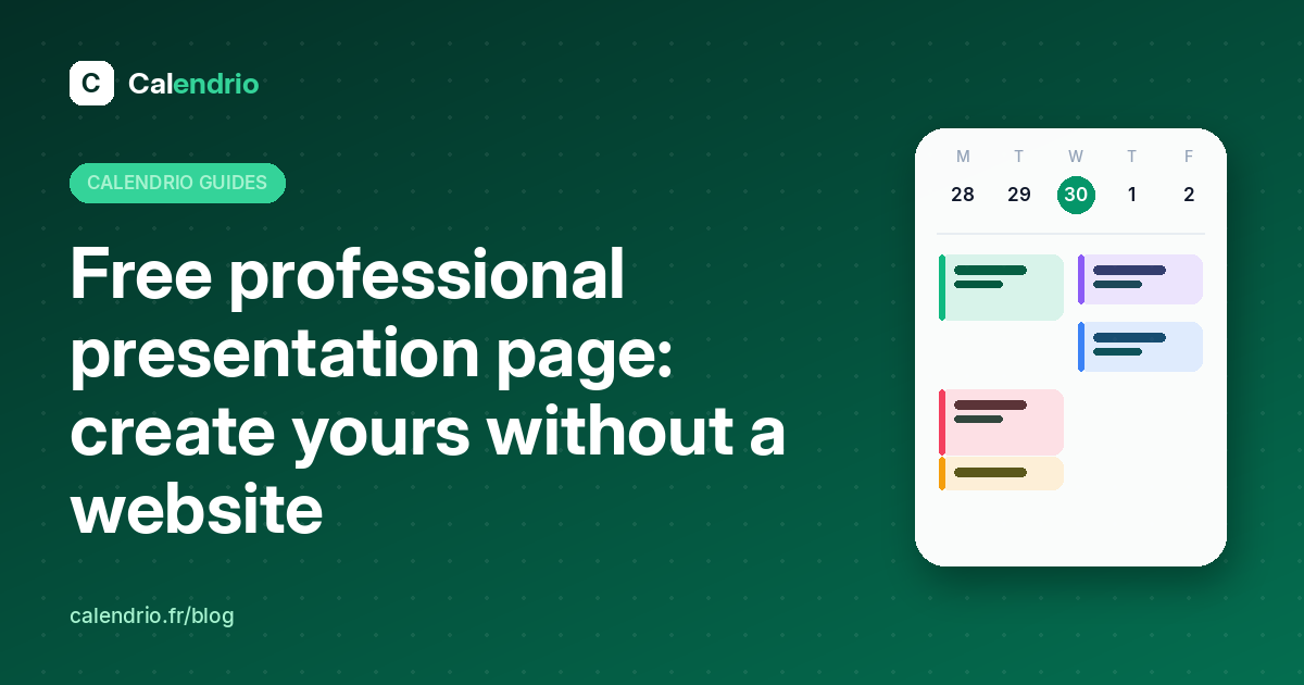 Article cover: the title “Free professional presentation page” next to a weekly calendar