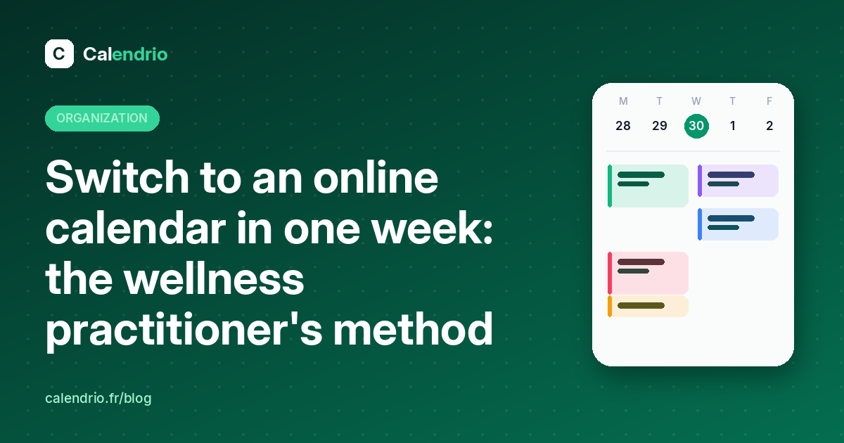 Cover: switching to an online calendar in one week, with a weekly calendar and its colour-coded appointments
