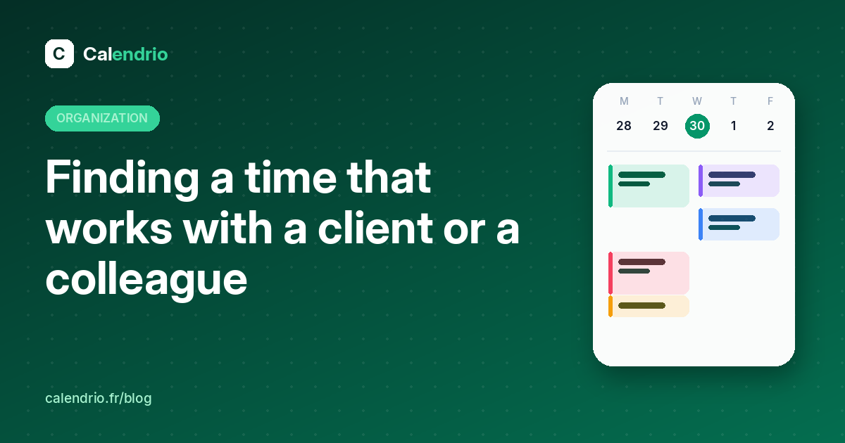 Article cover: the title “Finding a time that works with a client or a colleague” next to a weekly calendar