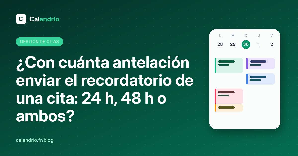 Portada: antelación del recordatorio de cita, 24 h, 48 h antes o ambos, con una agenda semanal ilustrada