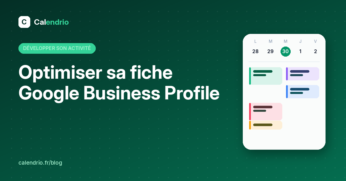 Couverture Calendrio : optimiser sa fiche Google Business Profile, avec un agenda de rendez-vous illustré