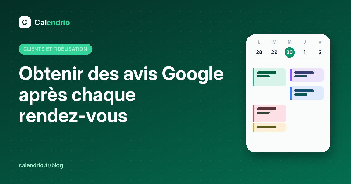 Couverture Calendrio : obtenir des avis Google après chaque rendez-vous, avec un agenda de rendez-vous illustré
