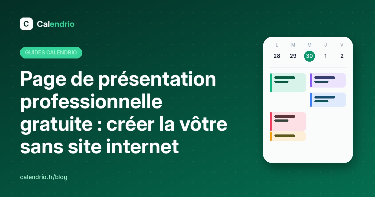 Couverture de l’article : titre « Page de présentation professionnelle gratuite » à côté d’un agenda de la semaine