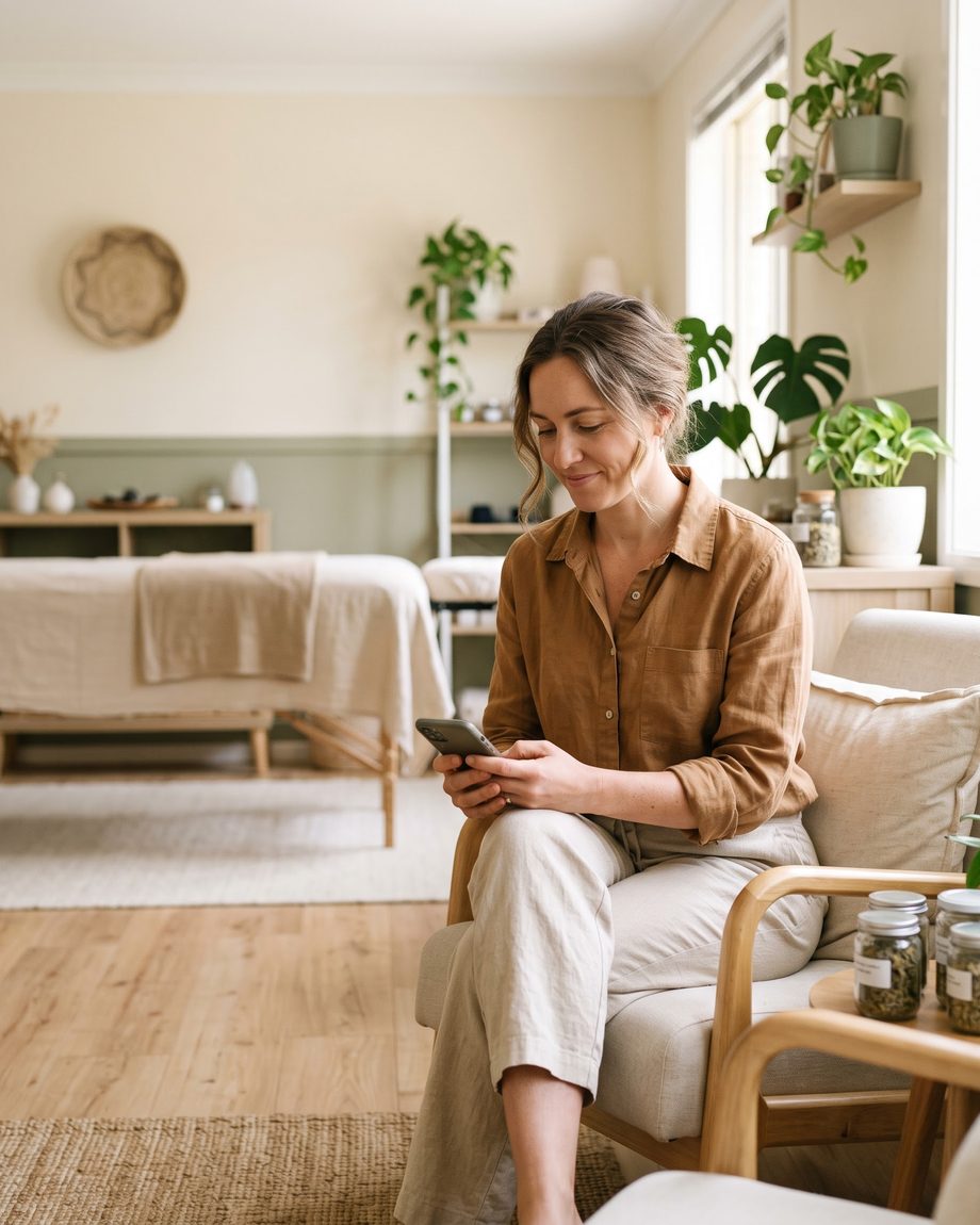 Praticienne bien-être dans son cabinet, téléphone à la main